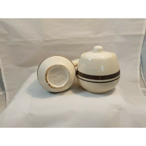 Vintage McCoy CREAMER & SUGAR BOWL w/Lid Set Brown Stripes,1970s, 1 Owner - Picture 3 of 8